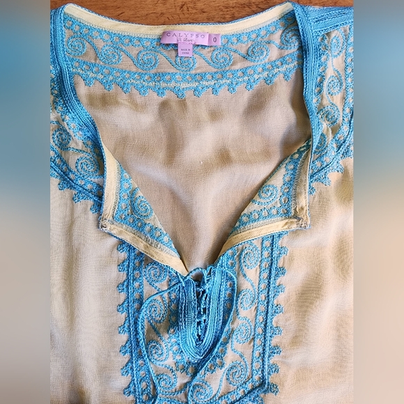 Calypso Saint Barth St. Barth silk beach cover-up 0 S M aqua yellow beachy VGUC - Picture 11 of 15